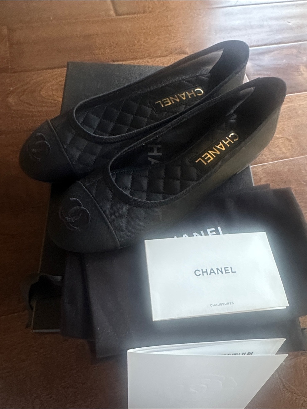 Authentic CHANEL Black Mesh Cap-Toe Ballet Flat 37.5
